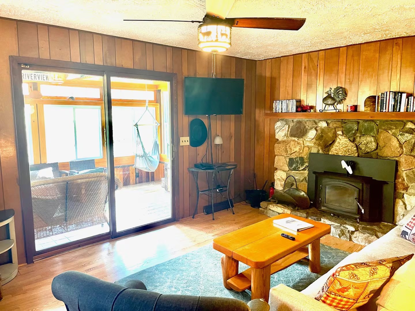 Living room and stone fireplace