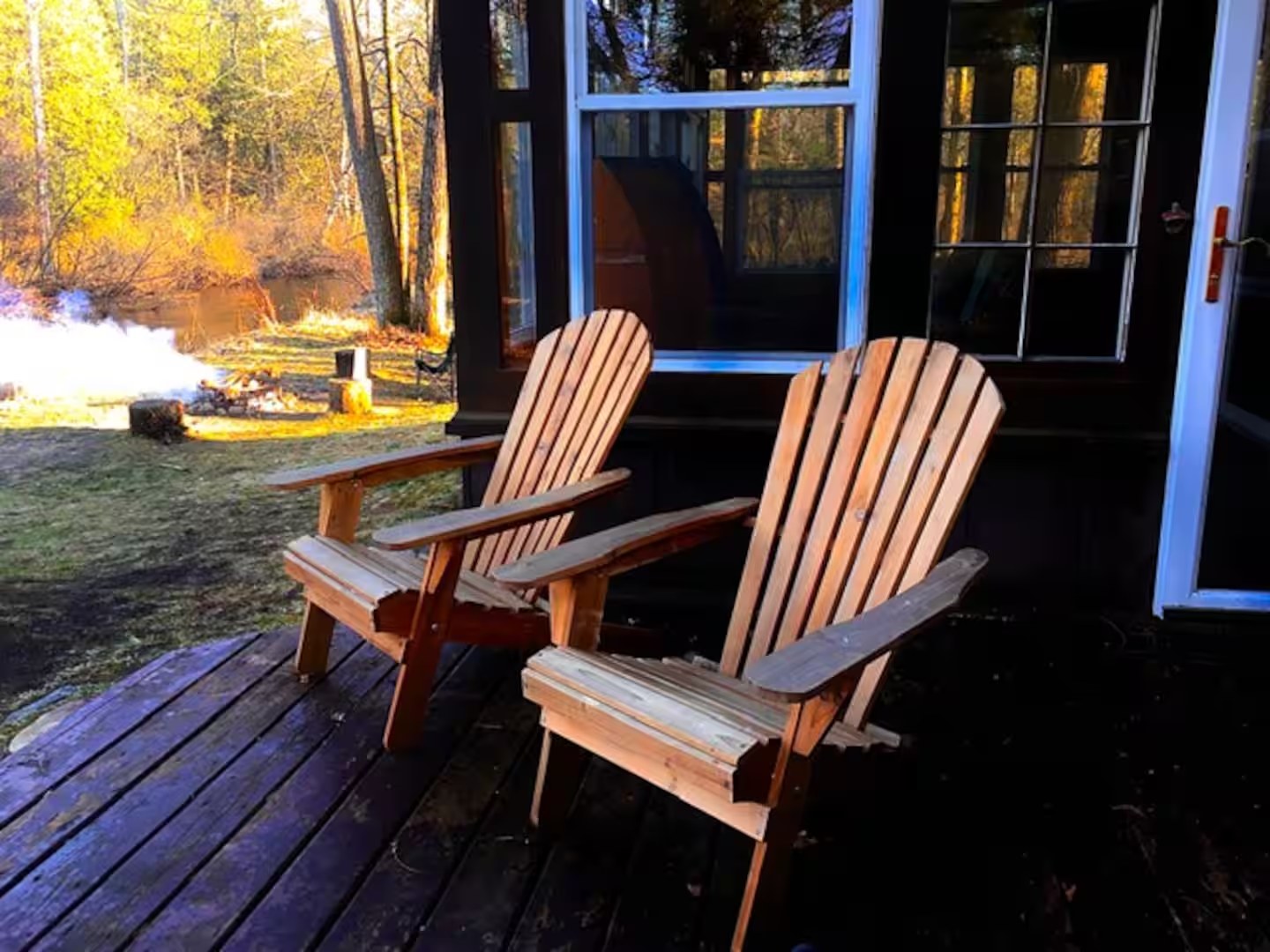 Adirondack chairs on cabin deck